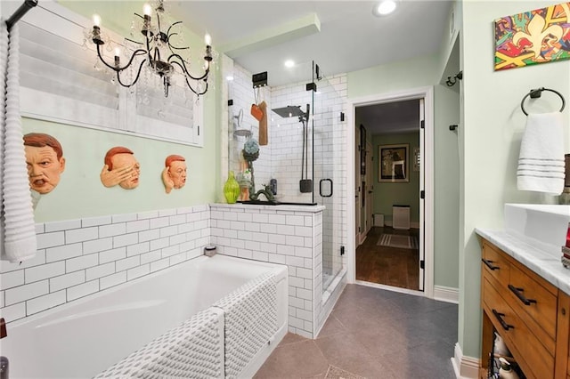 full bath featuring vanity, recessed lighting, a stall shower, tile patterned flooring, and a bath