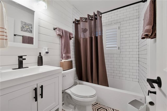 bathroom featuring vanity, wooden walls, toilet, and shower / bathtub combination with curtain