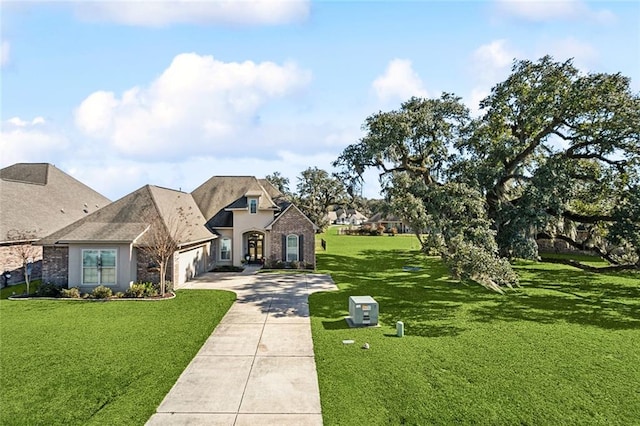 french provincial home with a garage, driveway, and a front lawn