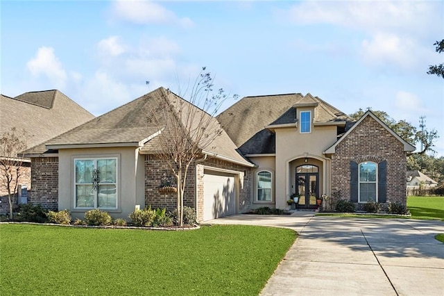 view of front of property featuring french doors, brick siding, a front lawn, and stucco siding