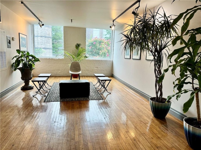 living area featuring rail lighting, brick wall, baseboards, and wood-type flooring