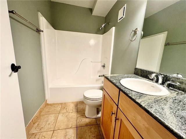 full bath with toilet, tile patterned flooring, shower / bath combination, baseboards, and vanity