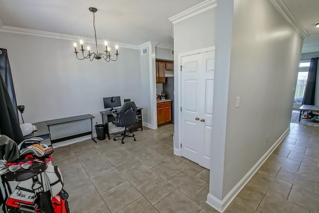 office space with a notable chandelier, light tile patterned floors, baseboards, and ornamental molding