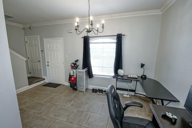 office area with tile patterned flooring, crown molding, a notable chandelier, and baseboards