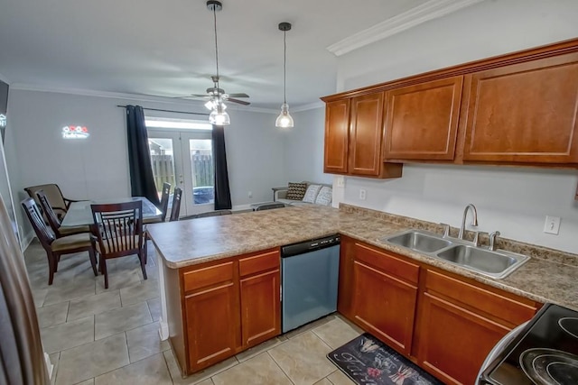 kitchen featuring a peninsula, a sink, black electric range, french doors, and dishwasher