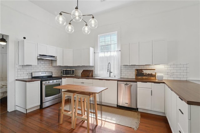 kitchen featuring ventilation hood, decorative backsplash, appliances with stainless steel finishes, dark wood-style floors, and a sink