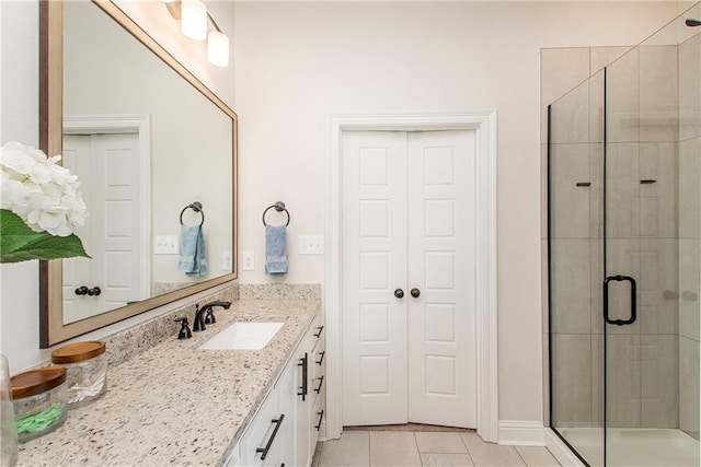 bathroom featuring tile patterned floors, vanity, and a shower stall