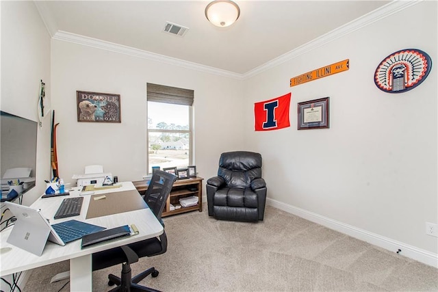 carpeted home office featuring crown molding, baseboards, and visible vents