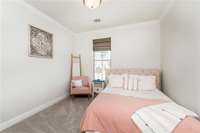 carpeted bedroom featuring visible vents, crown molding, and baseboards