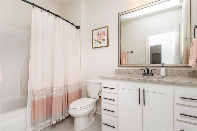 bathroom with shower / tub combo, toilet, vanity, and tile patterned flooring