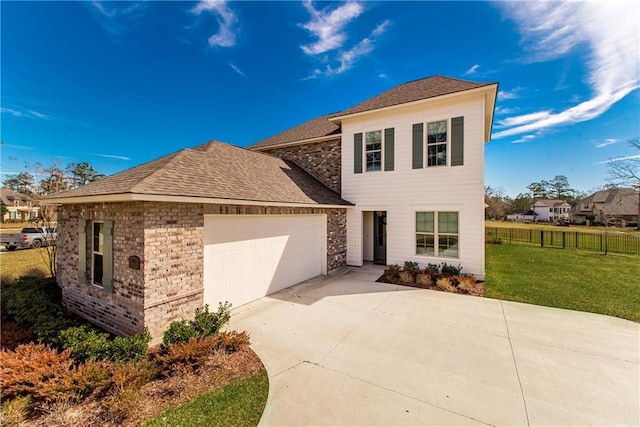 view of front of property with fence, an attached garage, a front lawn, concrete driveway, and brick siding