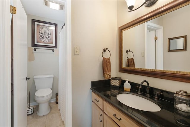 full bathroom featuring tile patterned floors, visible vents, toilet, baseboards, and vanity