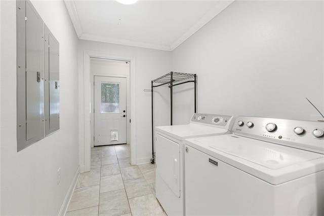 laundry room with laundry area, electric panel, independent washer and dryer, and ornamental molding