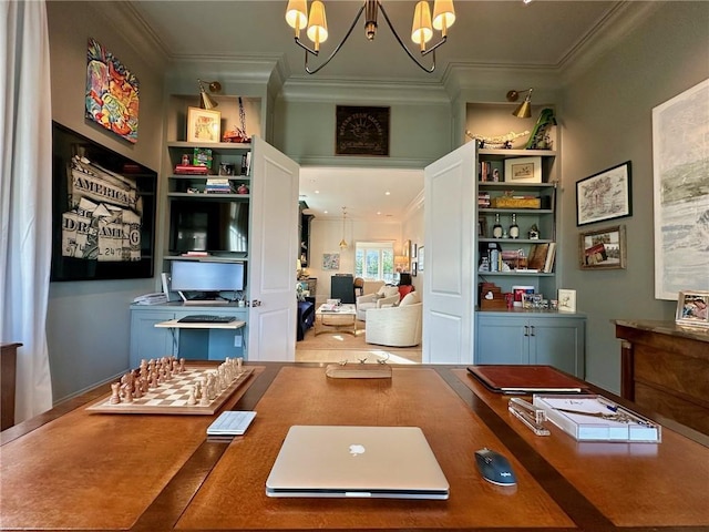 office featuring a notable chandelier and crown molding