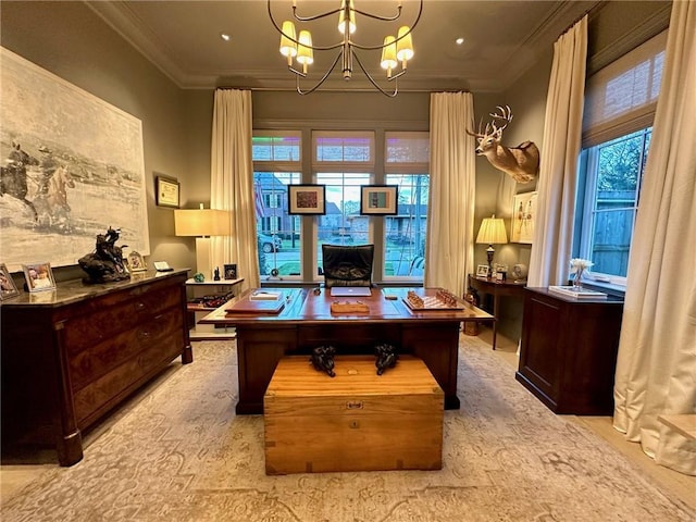 office area with a chandelier and crown molding