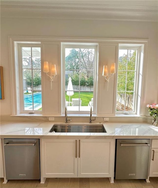 kitchen with dishwasher, white cabinets, and a sink