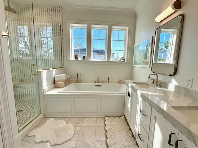 bathroom featuring ornamental molding, a healthy amount of sunlight, a stall shower, and a sink