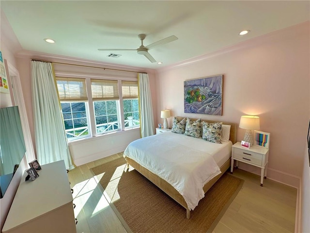 bedroom with recessed lighting, baseboards, ceiling fan, and light wood finished floors