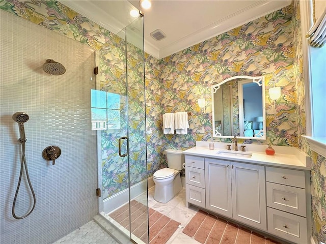 full bath featuring crown molding, a shower stall, and wallpapered walls