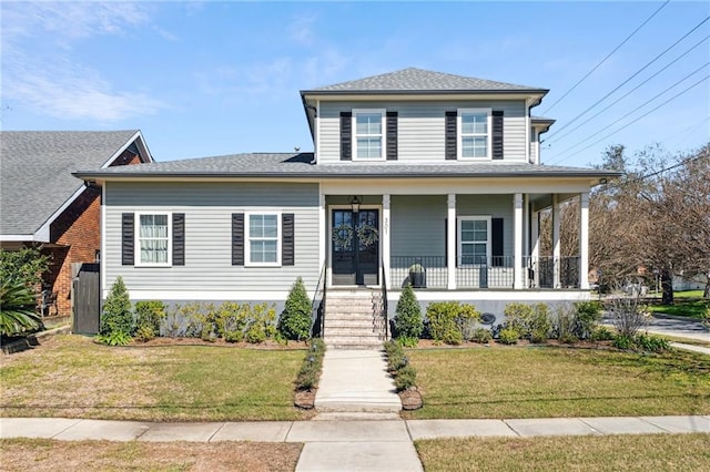 view of front of property with a porch, a shingled roof, and a front lawn