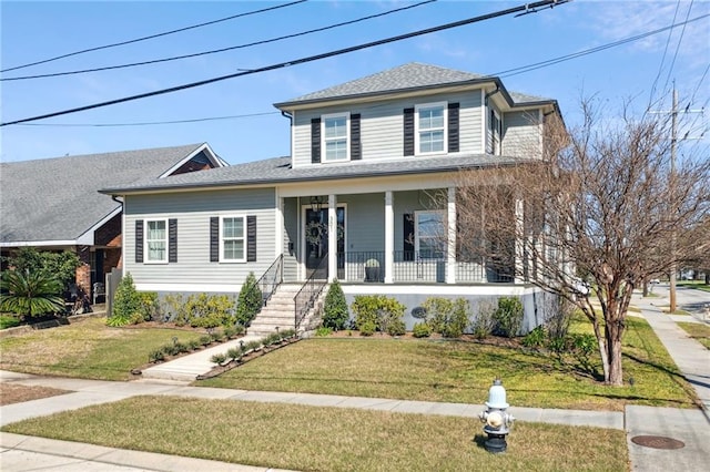 view of front of house featuring stairs, covered porch, a front yard, and a shingled roof