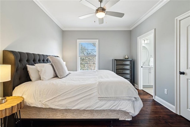 bedroom with connected bathroom, ceiling fan, baseboards, ornamental molding, and dark wood-style flooring