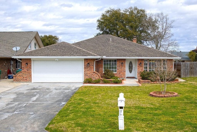 ranch-style home with driveway, brick siding, an attached garage, and a front lawn