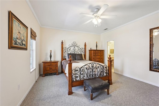 carpeted bedroom with visible vents, a ceiling fan, crown molding, and baseboards