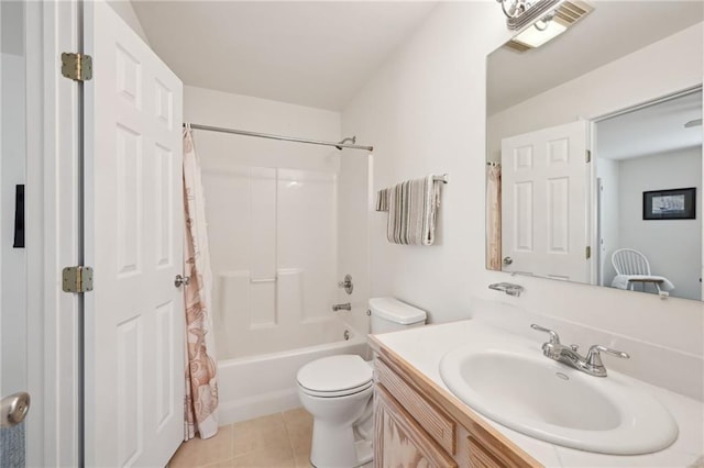 full bath with tile patterned flooring, visible vents, toilet, shower / tub combo with curtain, and vanity