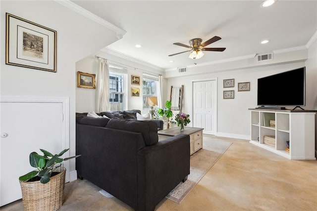 living area with crown molding, visible vents, and ceiling fan