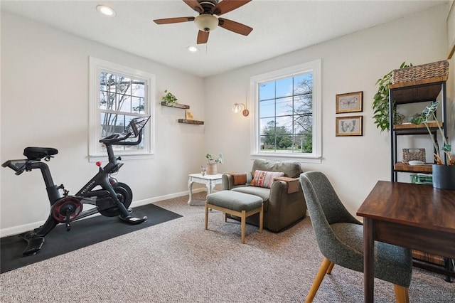 workout room with a wealth of natural light, carpet flooring, recessed lighting, and baseboards