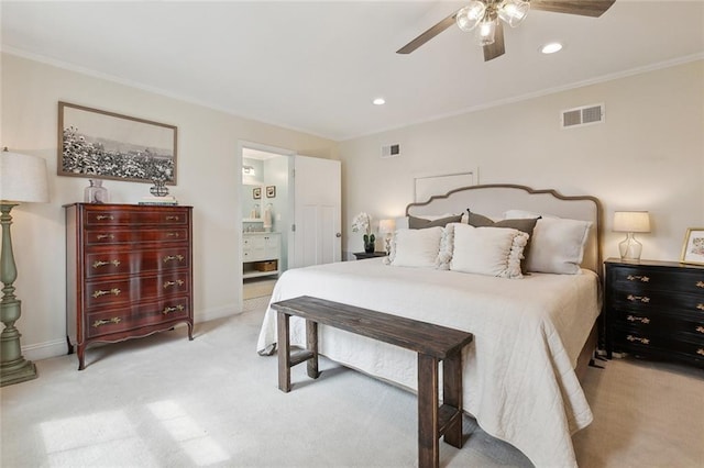 bedroom with visible vents, light carpet, baseboards, and ornamental molding