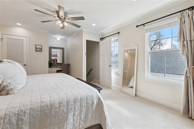 bedroom featuring ceiling fan, baseboards, ornamental molding, light carpet, and recessed lighting