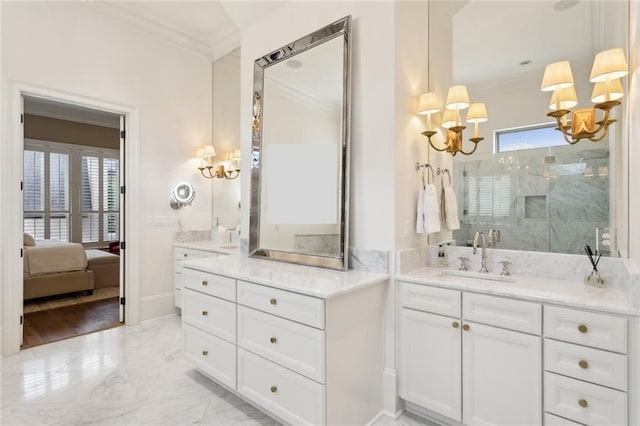 bathroom featuring vanity, a marble finish shower, and ornamental molding