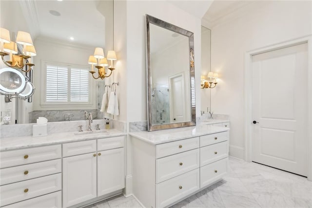 bathroom with a shower, marble finish floor, ornamental molding, and vanity