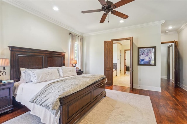 bedroom featuring recessed lighting, dark wood-style floors, baseboards, and ornamental molding