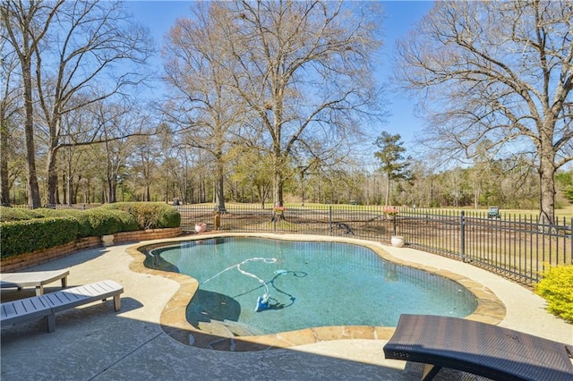 view of swimming pool featuring a fenced in pool, a patio, and a fenced backyard