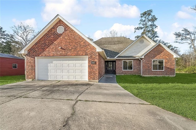 single story home featuring brick siding, a shingled roof, a front lawn, concrete driveway, and an attached garage