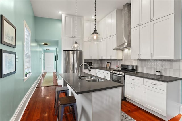 kitchen with a sink, decorative backsplash, stainless steel appliances, dark countertops, and wall chimney range hood