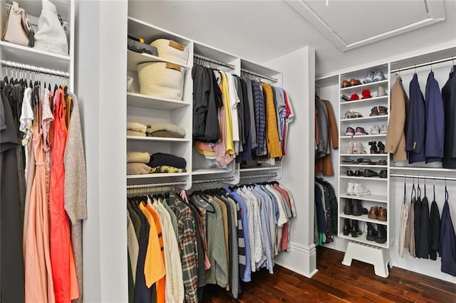 spacious closet with attic access and wood finished floors