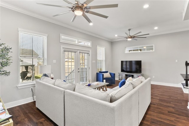 living room featuring crown molding, baseboards, recessed lighting, french doors, and dark wood-style floors