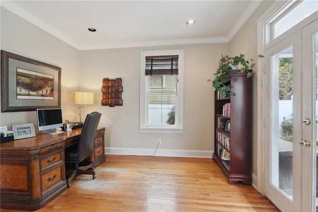 office area with ornamental molding, recessed lighting, french doors, light wood finished floors, and baseboards