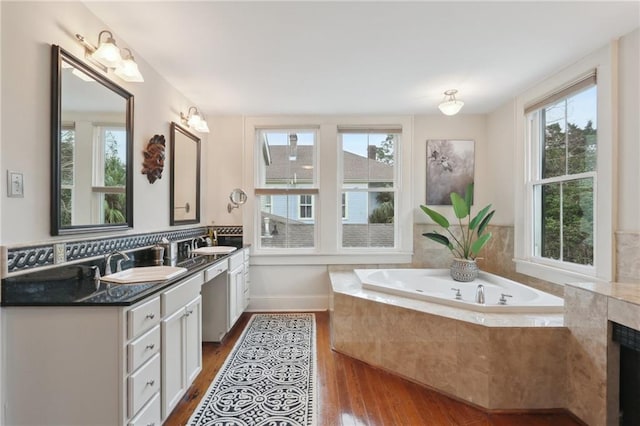 bathroom featuring wood finished floors, a healthy amount of sunlight, and a sink