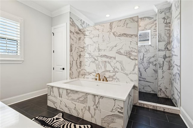 full bathroom featuring tile patterned flooring, walk in shower, baseboards, and ornamental molding