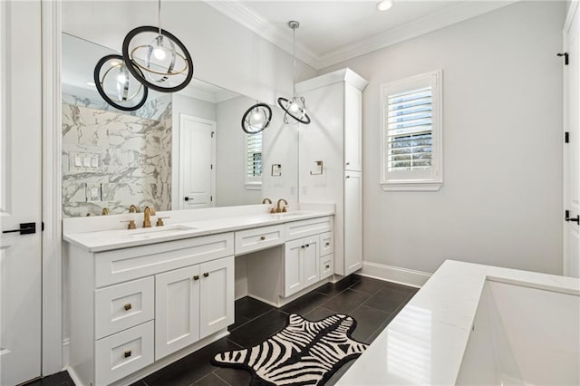 full bathroom featuring a sink, ornamental molding, double vanity, and tile patterned flooring