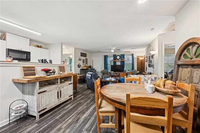 dining space with dark wood finished floors, a ceiling fan, and visible vents