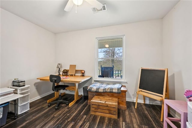 office area with visible vents, a ceiling fan, baseboards, and wood finished floors