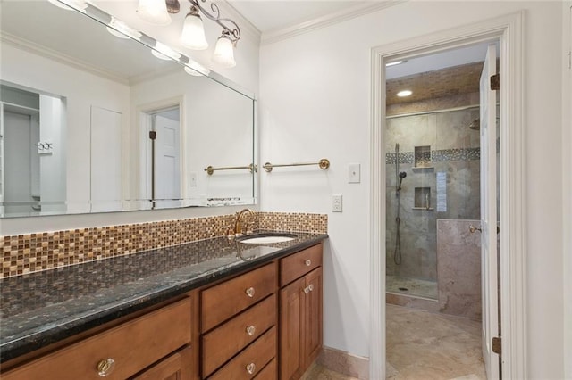 37 Spanish Fort Blvd, New Orleans, LA 70124 - bathroom featuring a shower stall, baseboards, ornamental molding, decorative backsplash, and vanity