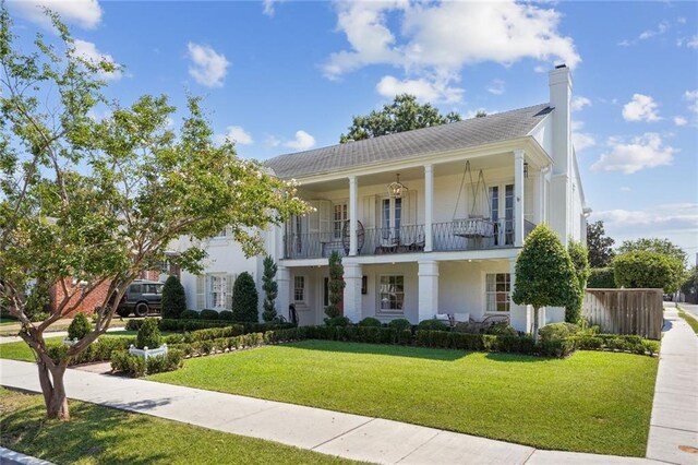 3205 Octavia St, New Orleans, LA 70125 - greek revival house with a front yard, a chimney, and a balcony