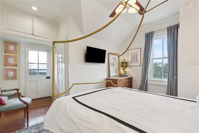 bedroom featuring a ceiling fan, recessed lighting, and dark wood-style floors